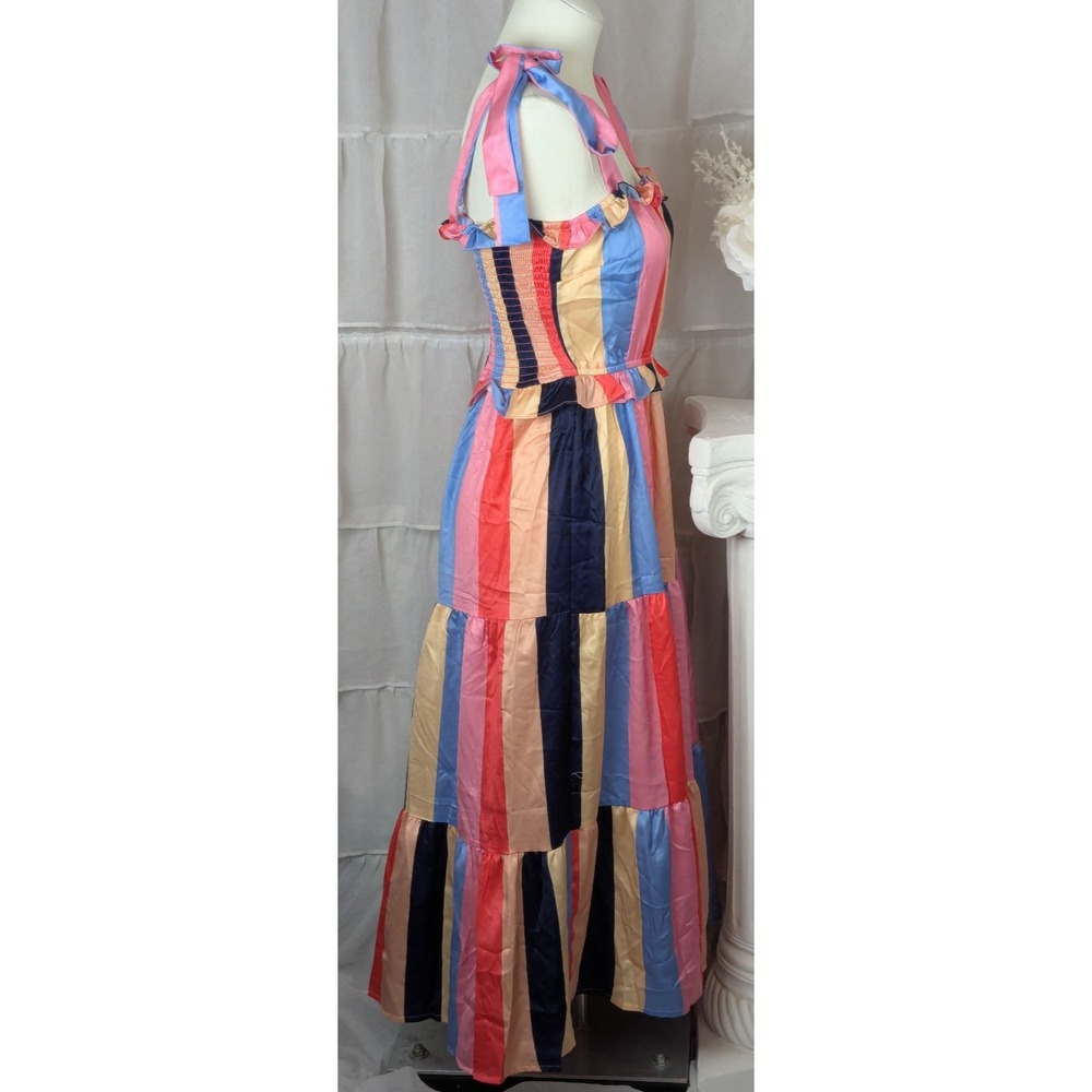 Petal + Pup Multicolored Striped Satin Smocked Back "Cobella" Maxi Dress 6 NWT - Picture 9 of 16